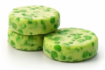 Green pea and herb cheese discs, perfect for a unique appetizer or side dish, served on a white background