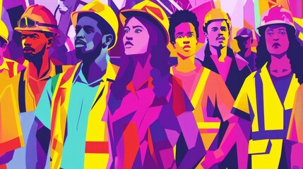 Colorful Labor Day fair wages art showing diverse workers standing up for fair pay, bold and energetic