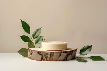 Minimal modern product display on neutral beige background. Wood slice podium and green leaves. Concept scene stage showcase for new product, promotion sale with generative ai