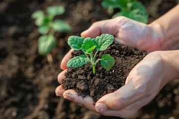 Hands gently hold a small plant in the ground, symbolizing care, growth and the connection between humans and nature.