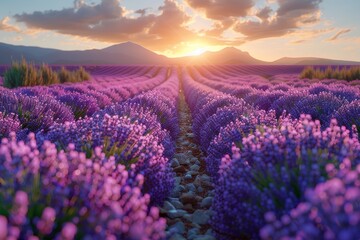 Fototapeta premium Aromatic lavender fields in bloom, symbolizing relaxation and beauty. 