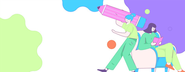 World Book Day Reading Character Flat Vector Concept Operation Hand Drawn Illustration
