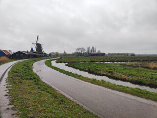 The Zaanse Schans windmills in rainy day