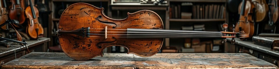 Fototapeta premium A violin is gracefully placed on a wooden table inside a violin store