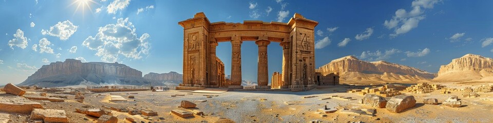 Obraz premium Ancient building in desert with mountains in the background