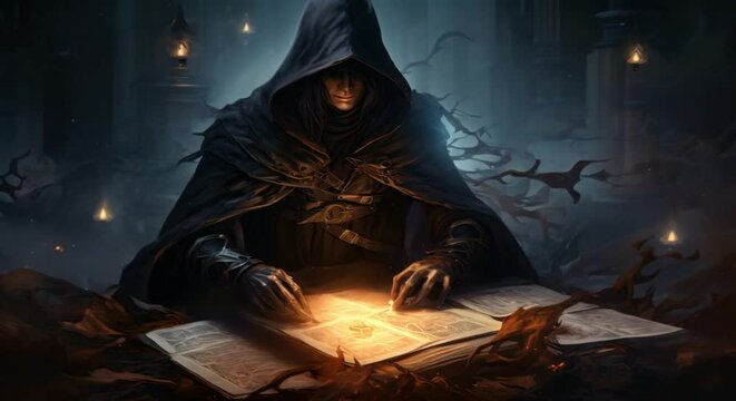 A dark figure in a black robe is studying a book of dark magic.