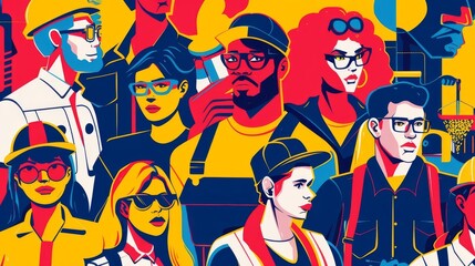 Dynamic Labor Day workforce illustration showing workers in different professions, colorful and determined