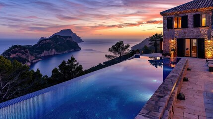 Concept image of mansion or villa with luxury pool overlooking sea at sunset. Fit for property and real estate related contents.