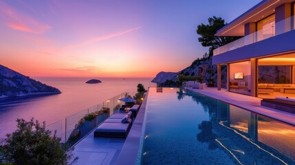 Fototapeta premium Mansion or villa with luxury pool overlooking sea at sunset. Perfect for property and real estate related contents.