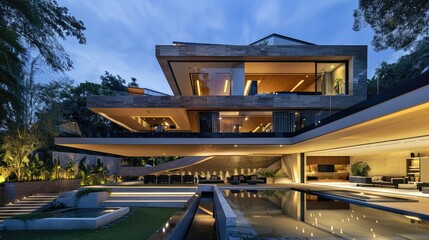 Modern houses with a lot of windows and lights. Compatible for property and real estate related contents.