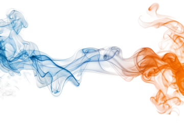 The blue and orange smoke is flowing together in a beautiful, swirling pattern