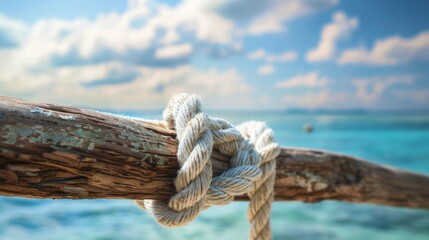Seaside Serenity CloseUp of Hammock Knots on Driftwood Post Against Ocean Horizon