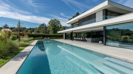 Fototapeta premium Concept image of modern houses with large pool on the left. Fit for property and real estate related contents.