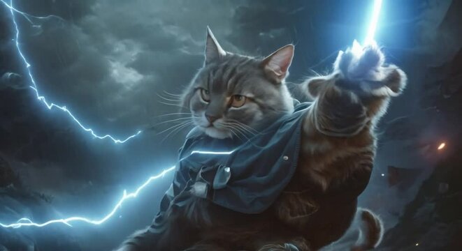 A cat sorcerer, cloaked in mystical robes, channels a powerful spell from a glowing grimoire, lightning illuminating the dark sky behind