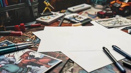 Creative Chaos Comic Book Artist's Workspace with Blank Business Cards Illustrated Panels Markers and Action Figures Inspiration for Graphic Designers and Illustrators