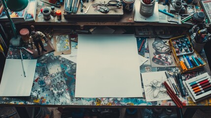 Creative Chaos Comic Book Artist's Workspace with Blank Business Cards Illustrated Panels Markers and Action Figures Inspiration for Graphic Designers and Illustrators