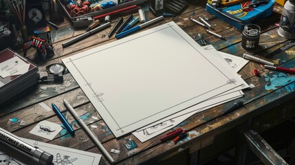 Creative Chaos Comic Book Artist's Workspace with Blank Business Cards Illustrated Panels Markers and Action Figures Inspiration for Graphic Designers and Illustrators