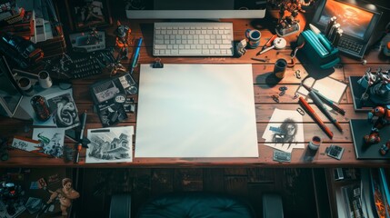 Creative Chaos Comic Book Artist's Workspace with Blank Business Cards Illustrated Panels Markers and Action Figures Inspiration for Graphic Designers and Illustrators