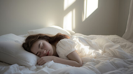 Woman Sleeping Comfortably On White Bed With Soft Light Filtering In