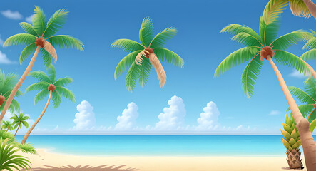 Obraz premium An lower view shot of a Blue sky and palm trees view from below depicting summer and heat, vintage style, tropical beach and summer background with copy space 