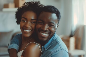 Obraz premium Happy couple embraces in a home