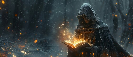 Wizardlike figure holding a radiant book, dark palette, fantasy, digital art, mystical glow, detailed cloak 8K , high-resolution, ultra HD,up32K HD