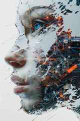 AI merges with abstract elements in a futuristic digital face, exploring unique identity.
