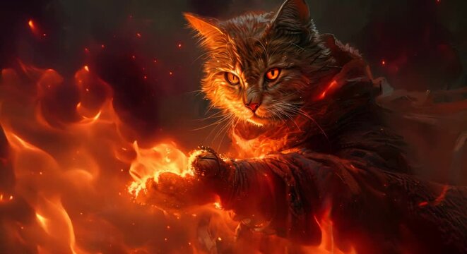 A feline mage its eyes glowing with eldritch fire