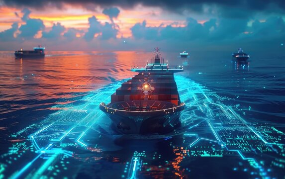 Futuristic Autonomous Cargo Ships: Navigating Digital Seas with Holographic Global Trade Routes and AI Systems