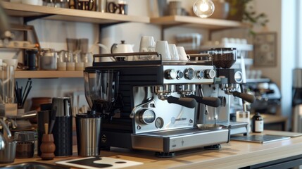 Fototapeta premium Mastering the Art of Espresso Professional Barista Workspace with HighEnd Equipment Blank Business Cards and Coffee Art Tools for Creative Practice and Networking