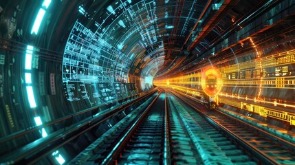 Futuristic High-Speed Rail System in a Digital Landscape with Holographic Global Shipping Routes and Real-Time Data Display
