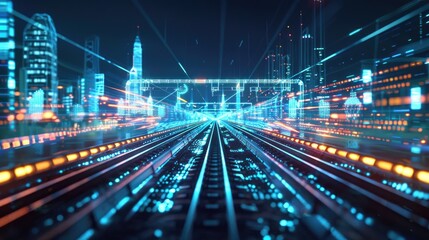 Fototapeta premium Futuristic High-Speed Cargo Rail System in Digital Landscape with Holographic Global Shipping Routes and Real-Time Data Display.