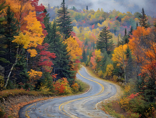 Naklejka premium The road is nestled amidst a myriad of trees, their leaves a brilliant display of orange and red hues, suggesting the arrival of autumn. The trees are scattered along the road, their branches reaching