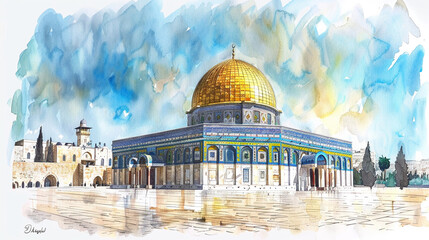 Watercolor hand draw The Al-Aqsa Mosque in Jerusalem is one of the oldest mosques in the world and holds significant religious importance in Islam.
