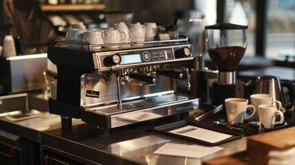 Mastering the Art of Espresso Professional Barista Workspace with HighEnd Equipment Blank Business Cards and Coffee Art Tools for Creative Practice and Networking