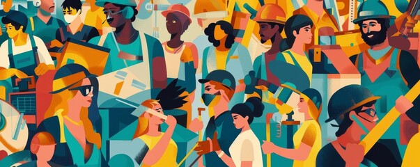Labor Day workforce artwork with workers in different industries, vibrant colors and strong unity