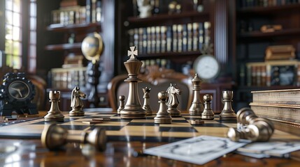 Strategic Success Chess Master's Workspace with Business Cards Chessboard and Clocks