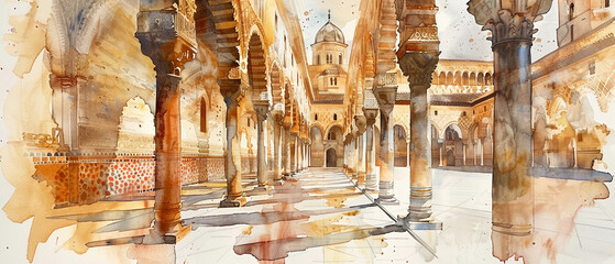 Obraz premium Watercolor hand draw The Great Mosque of Cordoba in Spain is a masterpiece of Moorish architecture