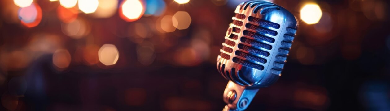 A classic microphone stands ready before a show, its chrome finish reflecting the soft, ambient lighting of a night club