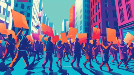 Powerful Labor Day unions illustration with workers marching for union rights, colorful and uplifting