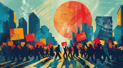 Powerful Labor Day unions illustration with workers marching for union rights, colorful and uplifting