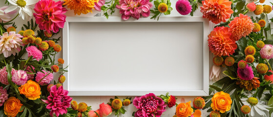 Vibrant spring flowers surrounding a blank white frame for personalization.