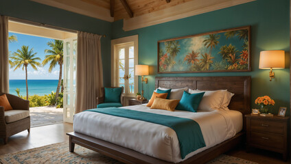 Dream summer beach escape luxury resort bedroom for vacation relaxation with ocean view