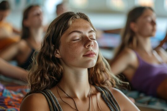 Women in various yoga poses during class