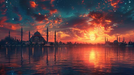 Naklejka premium Ramadan Kareem religious background with mosque silhouettes reflected in serene sea, rising crescent and stars. 