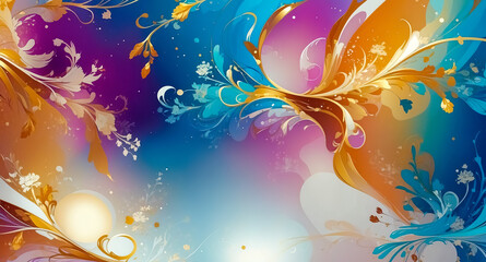Abstract Floral Background with Swirling Colors and Golden Details