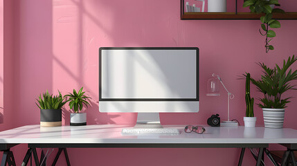 Stylish modern workspace with desktop computer, various plants, and pink accent wall, creating a bright and lively atmosphere for productivity.