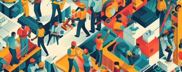 Vibrant depiction of Labor Day workforce with workers performing various jobs, energetic and bold