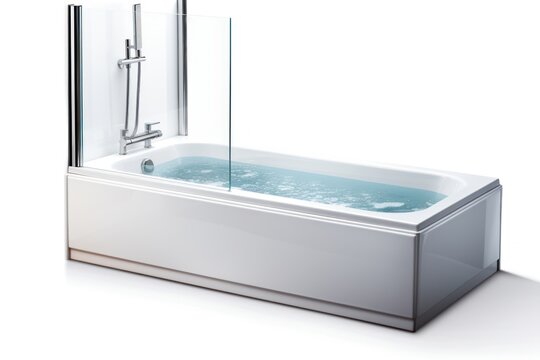 recommend clip art: rectangular bathtub with a built-in shower, isolated on a white background