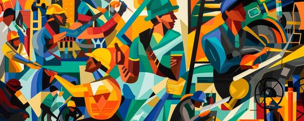 Fototapeta premium Vibrant depiction of Labor Day workforce with workers performing various jobs, energetic and bold